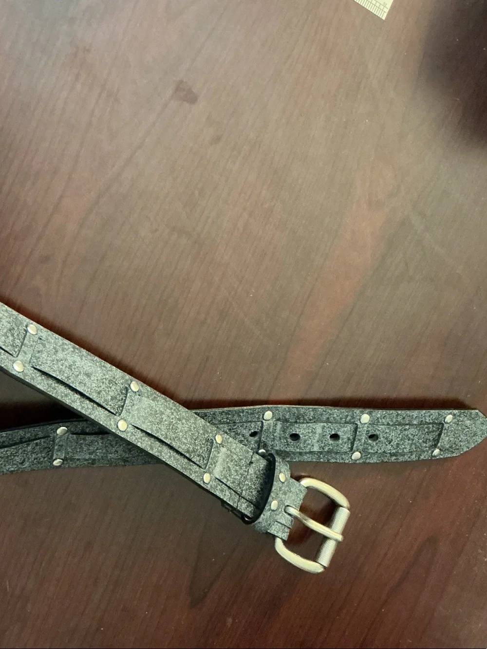 Gray Leather Studded Belt with Brushed Silver Buckle